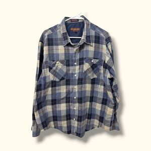 Woodland Shirt Men 2X Blue Cream Plaid Flannel Long Sleeve Button Up Perma-Press